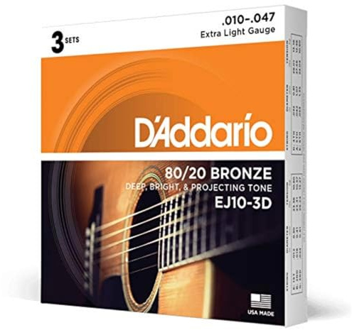 D'Addario EJ10-3D 80/20 Bronsfärgade Akustiska Gitarrsträngar, Extra Lätt, 10-47, 3 Sets