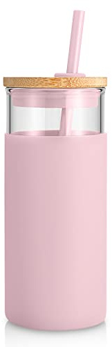 Tronco 20 oz Glass Tumbler with Lid and Straw, Iced Coffee Cup and Smoothie Cup with Bamboo Lids & Protective Silicone Sleeve, Dishwasher Safe, BPA-Free, Pink 1 Pack