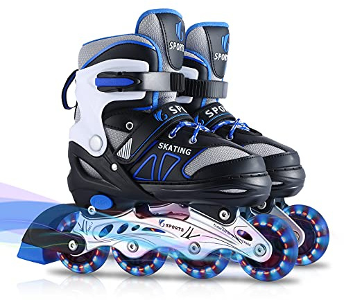 Inline Skates for Kids Girls Boys Beginners, 4 Size Adjustable Size with Light Up Wheels for Children. (Blue, Small(12J-2))
