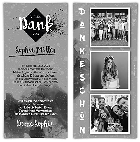 Individuelle Foto Jugendweihe Dankeskarten mit Text und 3 Bildern, ab 10-100 Stück Menge wählbar, DIN Lang 98x210mm - Foto-Streifen Motiv - Briefumschläge optional