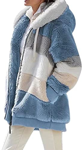 ABINGOO Manteaux Polaire Zippée pour Femme Mode en Peluche à Capuche Épaissir Blouson Chaud Hiver Décontractée Doux Ample Veste(Bleu,XXL)