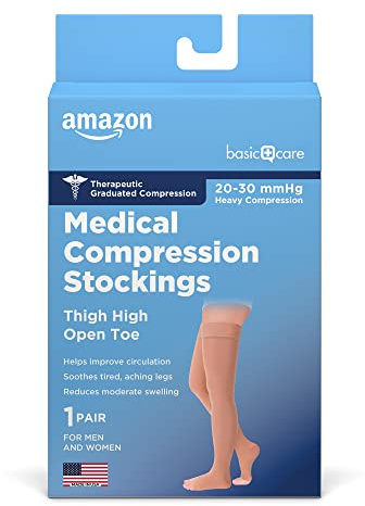 Amazon Basic Care Medical Compression Stockings for Circulation, Varicose Veins, Edema, Swelling, 20-30 mmHg, Women & Men Thigh Length Hose, Open Toe, Beige, X-Large (Previously NuVein)