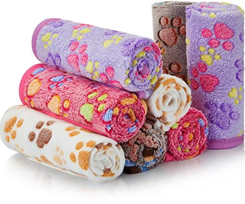 Panelee 8 Pieces Puppy Blanket Dog Blanket Fleece for Medium Small Dogs Soft Flannel Throw Pet Pad Paw Print Sleep Mat Bed Cover for Cats Pets Cage