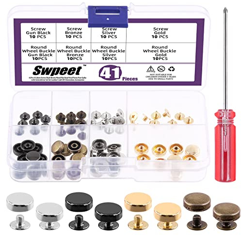 Swpeet 41pcs 4 färg skruv tillbaka nitter stud uppsättning, 40pcs runda plånbok fötter metall studs nit med skruvmejar, guld silver brons pistol-svart metall platt huvud plånbok fötter