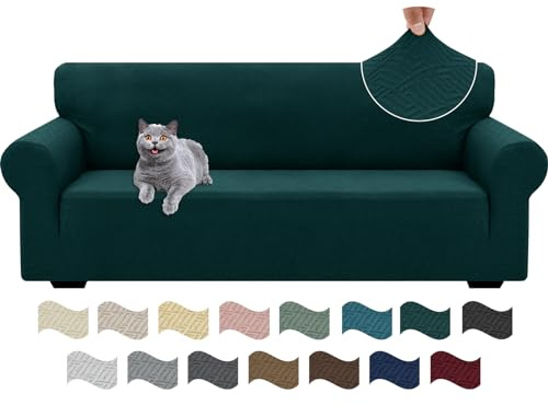 Ystyle Stretch Sofa Überzug 3 Sitzer, Sofabezug rutschfest Mit Armlehne, Elastische Couch Überzug Jacquard, Universal Sofa Cover Moderne, Sofaschoner Hund Katze Für Wohnzimmer, Dunkelgrün