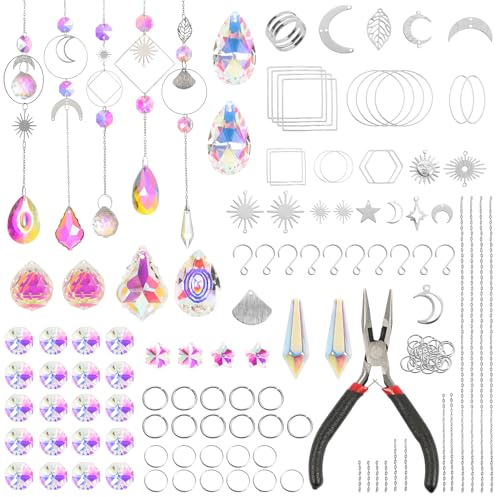 EDWINENE Kristall Sonnenfänger 200 Stück DIY Bastelsets Sonnenfänger für Fenster, Goldkette Stern Sonne Mond Anhänger Kristalle Hängender Schmuck Regenbogen Tropfen Prisma