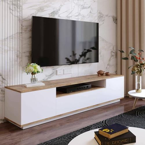 Dmora - Mobile porta TV Sinope, Credenza da soggiorno, Armadio basso per TV, Base parete attrezzata, 180x45h45 cm, Quercia e Bianco