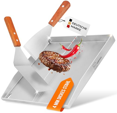 SIMPOSA. SIMPOSA - Plancha de acero inoxidable V2A (40 x 40 x 4 cm), con divisor, incluye 2 espátulas para barbacoa con mango de madera, juego de parrilla perfecto para una barbacoa limpia y a prueba