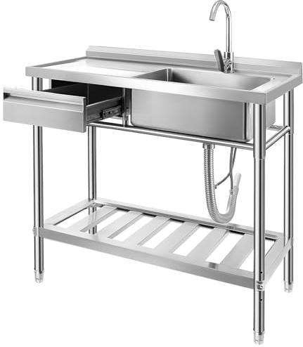 Trintion Freistehende Edelstahl Spültisch, 1 Becken mit Linke Schublade, Gewerbliche Spülbecken mit Wasserhahn, Kalt und Warmwasserschläuchen,für Waschküche,Bauernhaus, Innen- und Außenspüle (99cm)