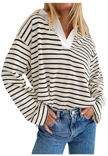 Tee Shirt Femme col v Fluide et Ample Haut Manche Longue Chic rayé Classique Sweat Oversize Basique col Polo décontracté Chemisier Fantaisie imprimé rayée Automne Hiver Chaud Blouse (White, XL)