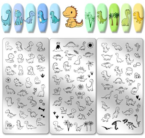 PH PandaHall 3pcs Plaques D'Estampage de Ongles Modèles D'Art D'Ongle de Petits Dinosaures Mignons Pochoirs D'Art D'Ongle de Plante de Soleil D'Amour pour Femmes Conception D'Ongle Impression Salon