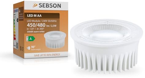 SEBSON LED Modul 230V warmweiß - Energieeffizienzklasse A - LED Leuchtmittel 2,5W 3000K 450lm, ersetzt GU10 MR16 Deckenspot 50W - Einbaustrahler ultra flach ø50x26mm