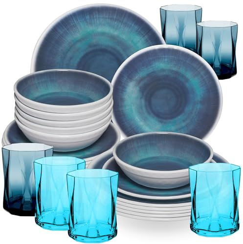 Melamin Geschirr Set Jesolo Blau für 6 Personen - 24 Teile - mit farblich passenden Trinkgläsern 300ml aus Acryl Campinggeschirr Geschirrset Tafelgeschirr Camping modernes Melamingeschirr bunt