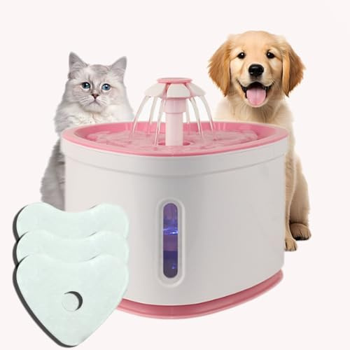 2.4L Cat Water Fountain-Pet Drinking Fountain,Automatic Cat Puppy Dog Water Dispenser,LED Night Vision Water Level Window w/ 3 Replacement Filters(Pink)