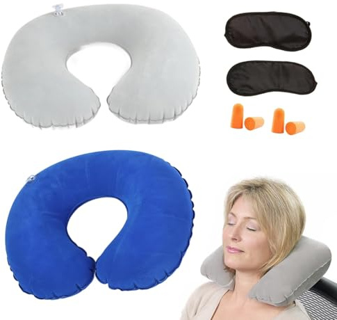 ABinCHAOBang 2 Sets Inflatable Travel Neck Pillows, Compact Neck Support Pillow for Adult and Kids, Foldable/Portable Travel Necks Pillow for Airplane Trains Car and Office (Blue, Gray)