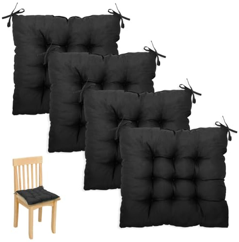 Wapasezyar Lot de 4 coussins de chaise de salle à manger - 40 x 40 cm - Avec cordons de serrage - Avec cordons de serrage - Noir