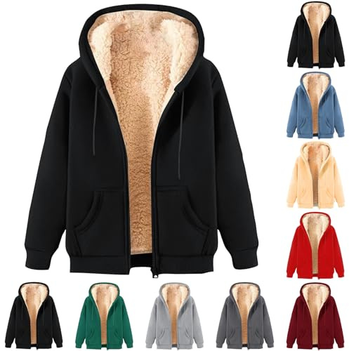 ZWDC Damen Winterjacke Warm Fleecejacke Winter Sweatjacke mit Kapuze Elegant Einfarbig Übergangsjacke Große Größen Kapuzenpullover mit Taschen Lässige Wintermantel mit ReißVerschluss Plüschjacke