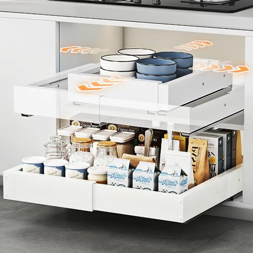 HONZUEN Teleskopschublade 50cm Tief 2 Stück, Ausziehbare Schublade Küche Verstellbar 41,5-55cm - Kein Bohren, Ausziehbarer Schrank Organizer mit Klebe- oder Schraubmontage für Unterschrank, Weiß