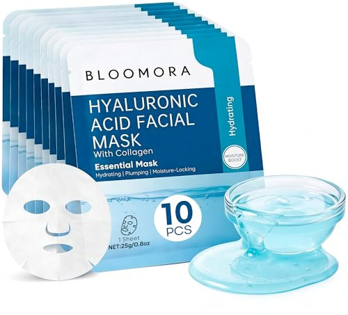 Pack med 10 ansiktsmasker med hyaluronsyra + kollagen – fuktgivande ansiktsmask för djupgående hydrering, mjuk och närande ansiktsmask, lämplig för både kvinnor och män