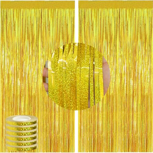 wenweo Tinsel - Tenda dorata, 2,5 x 1 m, 2 pezzi, ideale per Capodanno, carnevale, matrimoni, decorazioni per feste e tutti i tipi di decorazioni festive