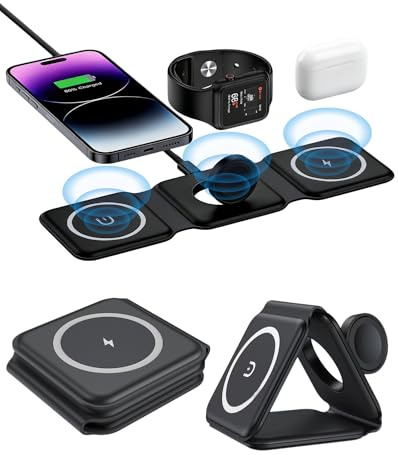 Cargador Inalámbrico 3 en 1 Plegable para iPhone, A pple Watch y Air Pods, Estación de Carga Rápida Mgsafe hasta 15W para iPhone 16/15/14/13/12 y Apple Watch, Cargador Portátil y Seguro