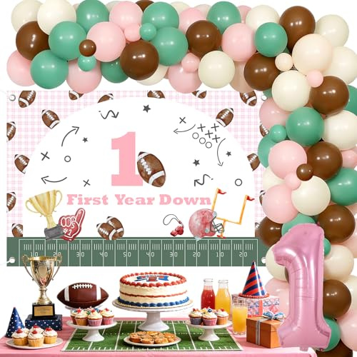 JOYMEMO Pink Football 1st Birthday Party Decorations for Girls, First Year Down Backdrop for Balloon Arch Garland Kit, Number 1 Foil Balloon, Rugby Theme Sports Party Supplies