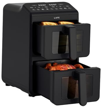 Lafe Dual Fry 10 L oljefri fritös dubbelfack 2 x 5 L 2460 W varm luft LCD-skärm fönster matlagning temperatur 40–200 °C timer 60 min hälsosam matlagning multifunktionell enhet