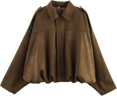 Women's Faux Suede Bomber Jacket Casual Pilot Coat Oversized Spring Fall Batwing Long Sleeve Streetwear Outwear