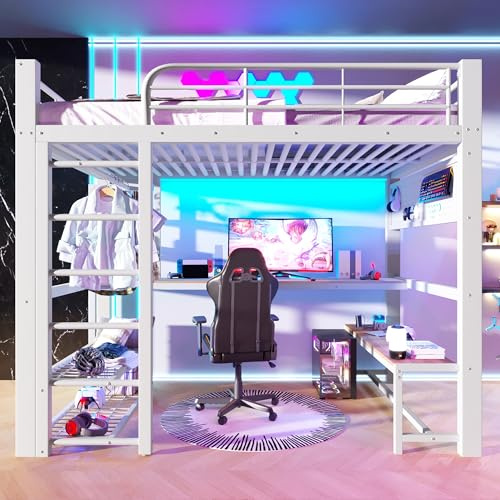 Nolirx Lit Mezzanine Enfant avec Éclairage LED et Bureau, Lit Mezzanine 2 Places avec Étagères, Armoire et échelle, Lit Enfant 140x200 en Métal, pour Enfants et Adolescents, sans Matelas (Blanc-08K)