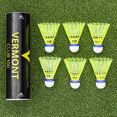 Vermont Club 100 Badminton Shuttlecocks Set | 77/78/79 Speed | Cork Tip & Synthetic Skirt Shuttlecock | Club & Fun Play | High Visibility Yellow or White | 6 Pack (78 (Medium) Speed, Yellow)