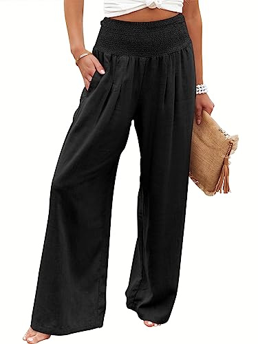 ANRABESS Women Linen Palazzo Pants Summer Boho Wide Leg High Waist Casual Lounge Pant 2026 Beach Travel Vacation Outfits Black XX-Large