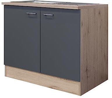 Flex-Well Smart Möbel Spülenunterschrank mit Arbeitsplatte & Spüle - 100 cm breit - Basaltgrau Matt San Remo Eiche