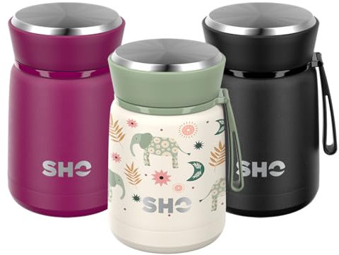 SHO Food Flask - Vacuum Insulated, Double Walled Stainless Steel Food Flask & Food Container - 10 Hours Hot & 20 Hours Cold - 530ml 800ml - BPA Free (Elephant Dawn, 530ml)