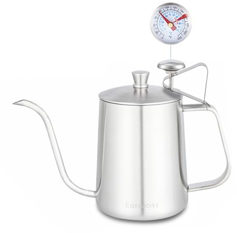 Easyworkz Gage Gooseneck Pour Over Kaffeekessel mit Thermometer Edelstahl 304 Kaffeekanne 600ml mit langem schmalem Ausguss Handtropfkessel