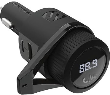 Scosche BTFM9 FM Transmisor de coche, puertos de carga dual USB-C y USB-A de 12 W, cargador de coche tipo C rápido, adaptador Bluetooth de radio inalámbrica, kit manos libres para llamadas, Siri y