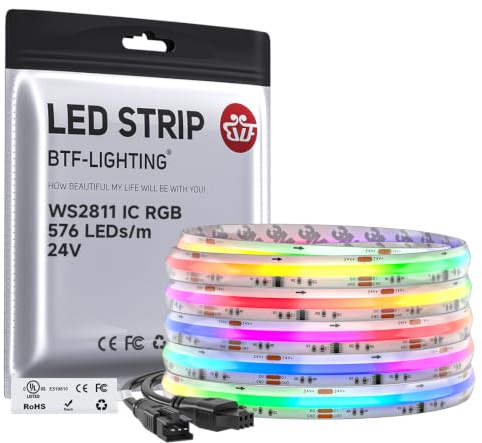 BTF-belysning IP66 vattentät FCOB RGB WS2811 IC adresserbar LED-remsa 5 m 576 LEDs/M 16 W/M DC24 V vit PCB jagande effekt LED-rep för sovrum skrivbord heminredning (utan kontroll och strömförsörjning)