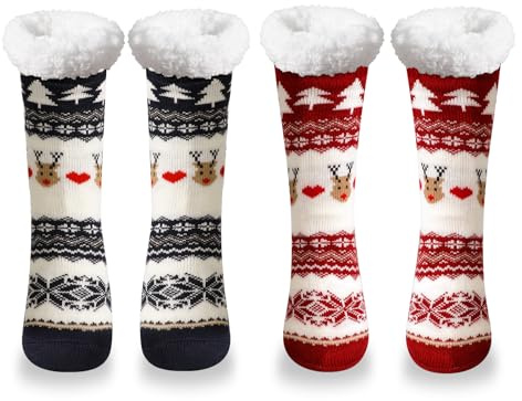 TAGVO 2 Paires de Chaussettes Chaussons d'Hiver Douces et Chaudes pour Femmes et Filles, Doublure en Peluche Confortable, Antidérapantes, Idéales pour la Nuit et Noël