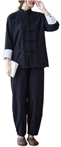 DAYKET Uniforme Tradizionale Tai Chi per Abbigliamento da Donna In Cotone a Maniche Lunghe per Set di Arti Marziali Kung Fu,Black-XL