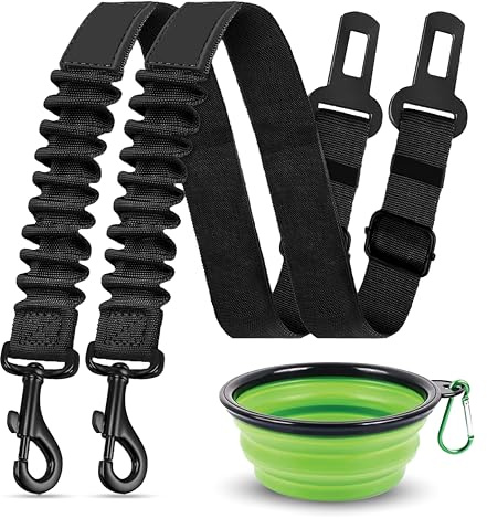 ZENOVA PETS Cintura di sicurezza per cani per auto 2 pezzi con ciotola da viaggio per cani, imbracatura di sicurezza elastica regolabile per auto con attacco girevole a 360°, design antiurto