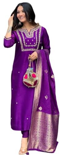 The Red Lion Enterprise Party Wear Wedding Functional Wear Anarkali Dress Alia Cut Kurti Pants Dupatta 3 Piece Set for Women, violet, XL