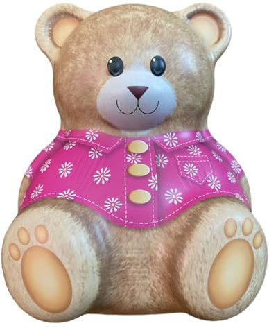 Plåtburk i form av en björn med blommig skjorta, från your castle, rosa teddybjörn, kakburk, dekorativ låda, retroburk för förvaring, volym: 1,4 liter. Mått: 13,5 x 9 x 16 cm.