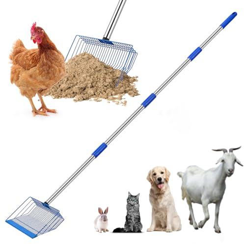 Large Chicken Poop Scooper, Heavy Duty Chicken Coop Scoop for Sand, 35 to 64 Adjustable Stainless Steel Handle, Litter Sifting Shovel for Farm Chicken Coop/Goat Stall/Stable Cleaning
