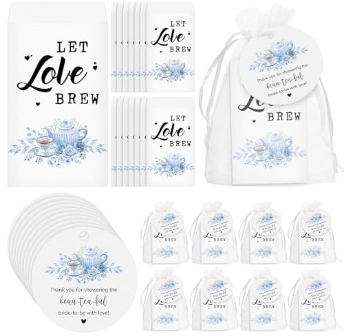 Skybooly 50 Sets Bridal Shower Tea Party Favors for Guests Include Tea Bags and Self Adhesive Kraft Paper Envelopes Thank You Tags Organza Bags Bridal Party Favors Wedding Gift (Blue)