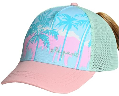 EDTREK Women's Concealed Ponytail Trucker Hat Summer Beach Baseball Cap, Summer Palm Bay - Pink, One Size
