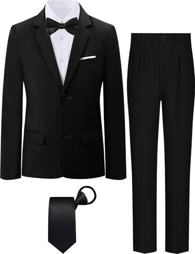 A&J DESIGN Set da smoking da bambino, 5 pezzi, giacca, camicia, pantaloni, cravatta e papillon per bambini dai 6 ai 16 anni, elegante abbigliamento formale, nero, 10 anni