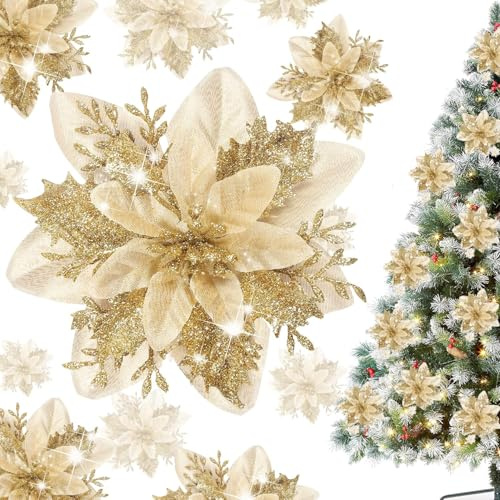 SDZHDMO Lot de 15 décorations de sapin de Noël en poinsettia, fleurs artificielles à paillettes en or pour décoration de sapin de Noël, fleurs de 13,5 cm pour décor de guirlande de Noël (Or)