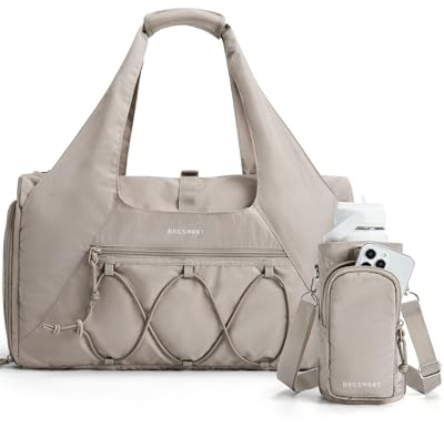BAGSMART Gym Sports Bag for Women, 25L Lightweight Duffle with Shoe Compartment & Wet Pocket for Yoga Travel, Gym Tote with Water Bottle Pouch, Camel