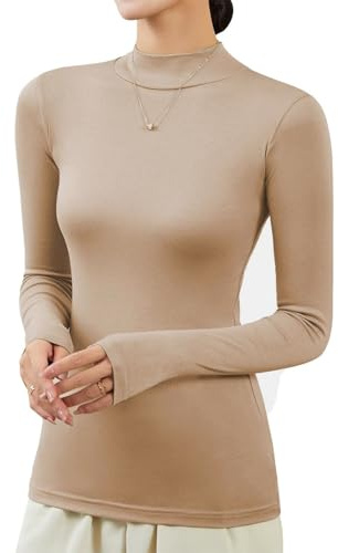 T-shirt à manches longues pour femme - Couleur chair - Col roulé - T-shirt à manches longues - Haut thermique serré - Coupe ajustée - Haut basique - Col montant - Pull à col roulé - Sous-vêtements n29