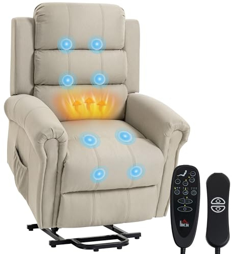 HOMCOM Fauteuil releveur électrique avec Fonction Massage et Chauffage, Fauteuil Relax électrique avec Dossier inclinable, Ports USB, Repose-Pied, télécommandes et Poche latérale, Tissu en Lin, Beige