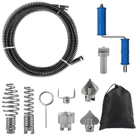 Furet Déboucheur Canalisation 5m x 12mm Professionnel - Déboucheur Évier et WC avec 6 Embouts et Adaptateur pour Perceuse - Spirale de Nettoyage Plomberie Efficace pour Lavabo, Douche et Égout